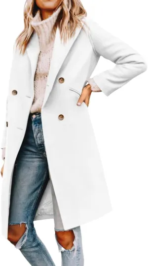 Yousify Womens Notched Lapel Collar Double Breasted Pea Coat Winter Wool Blend Over Coats Long Jackets