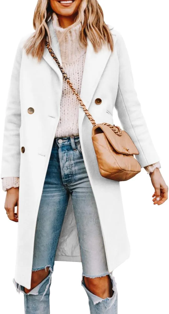 Yousify Womens Notched Lapel Collar Double Breasted Pea Coat Winter Wool Blend Over Coats Long Jackets