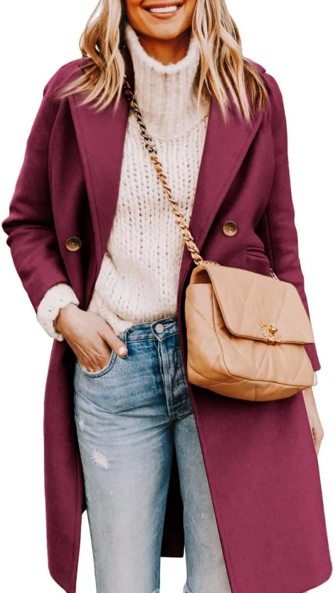 Yousify Womens Notched Lapel Collar Double Breasted Pea Coat Winter Wool Blend Over Coats Long Jackets