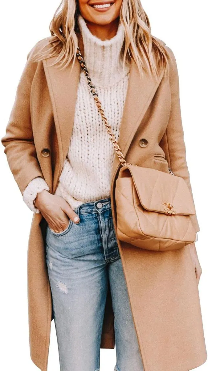 Yousify Womens Notched Lapel Collar Double Breasted Pea Coat Winter Wool Blend Over Coats Long Jackets