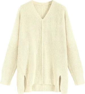 ZAFUL Women's Oversized Sweaters V Neck Long Sleeve Knit Pullover Batwing Drop Shoulder Split Tops Trendy Fall Outfits 2024