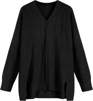 ZAFUL Women's Oversized Sweaters V Neck Long Sleeve Knit Pullover Batwing Drop Shoulder Split Tops Trendy Fall Outfits 2024
