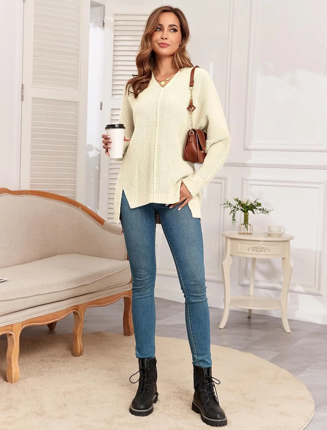 ZAFUL Women's Oversized Sweaters V Neck Long Sleeve Knit Pullover Batwing Drop Shoulder Split Tops Trendy Fall Outfits 2024