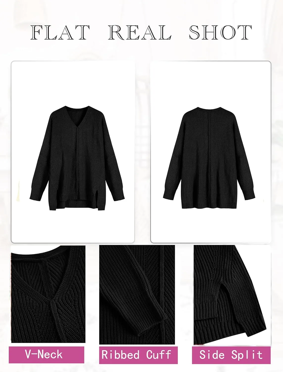 ZAFUL Women's Oversized Sweaters V Neck Long Sleeve Knit Pullover Batwing Drop Shoulder Split Tops Trendy Fall Outfits 2024