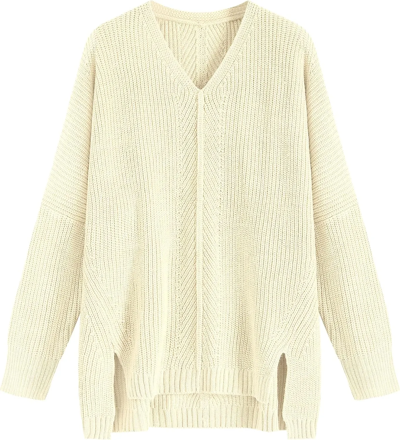 ZAFUL Women's Oversized Sweaters V Neck Long Sleeve Knit Pullover Batwing Drop Shoulder Split Tops Trendy Fall Outfits 2024