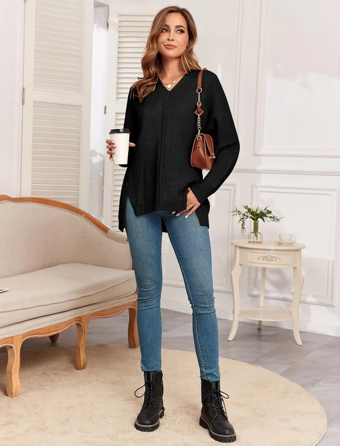 ZAFUL Women's Oversized Sweaters V Neck Long Sleeve Knit Pullover Batwing Drop Shoulder Split Tops Trendy Fall Outfits 2024