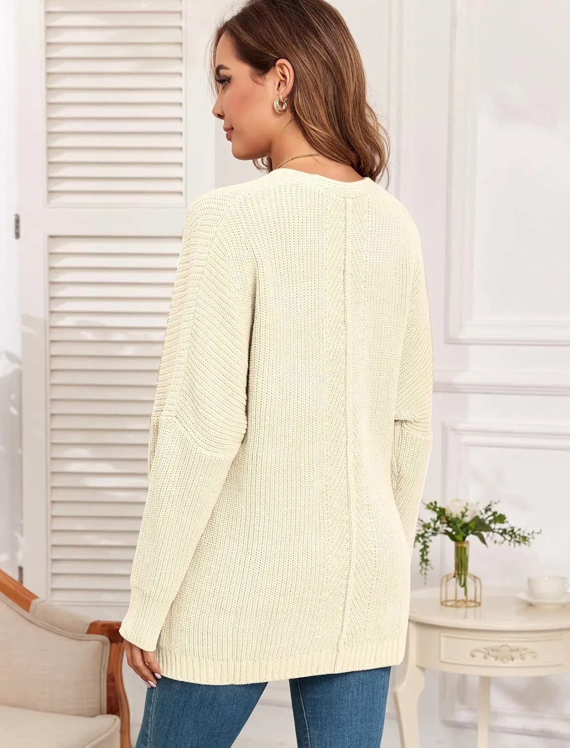 ZAFUL Women's Oversized Sweaters V Neck Long Sleeve Knit Pullover Batwing Drop Shoulder Split Tops Trendy Fall Outfits 2024