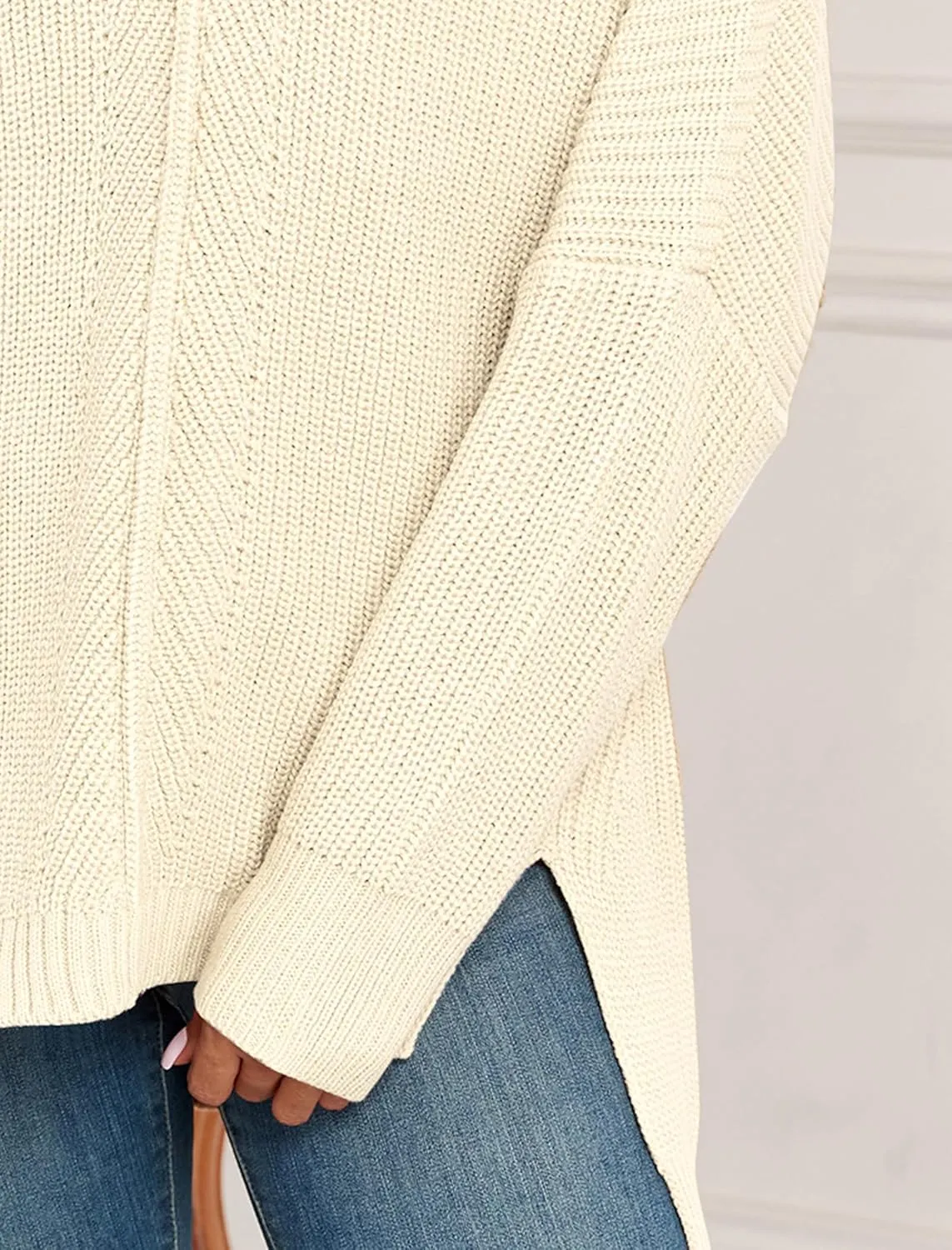 ZAFUL Women's Oversized Sweaters V Neck Long Sleeve Knit Pullover Batwing Drop Shoulder Split Tops Trendy Fall Outfits 2024