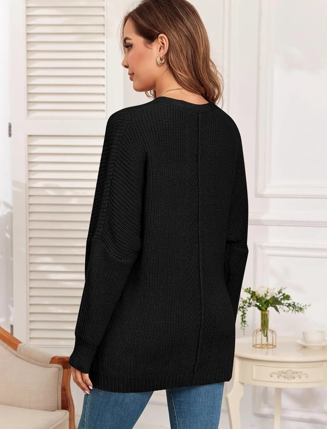 ZAFUL Women's Oversized Sweaters V Neck Long Sleeve Knit Pullover Batwing Drop Shoulder Split Tops Trendy Fall Outfits 2024