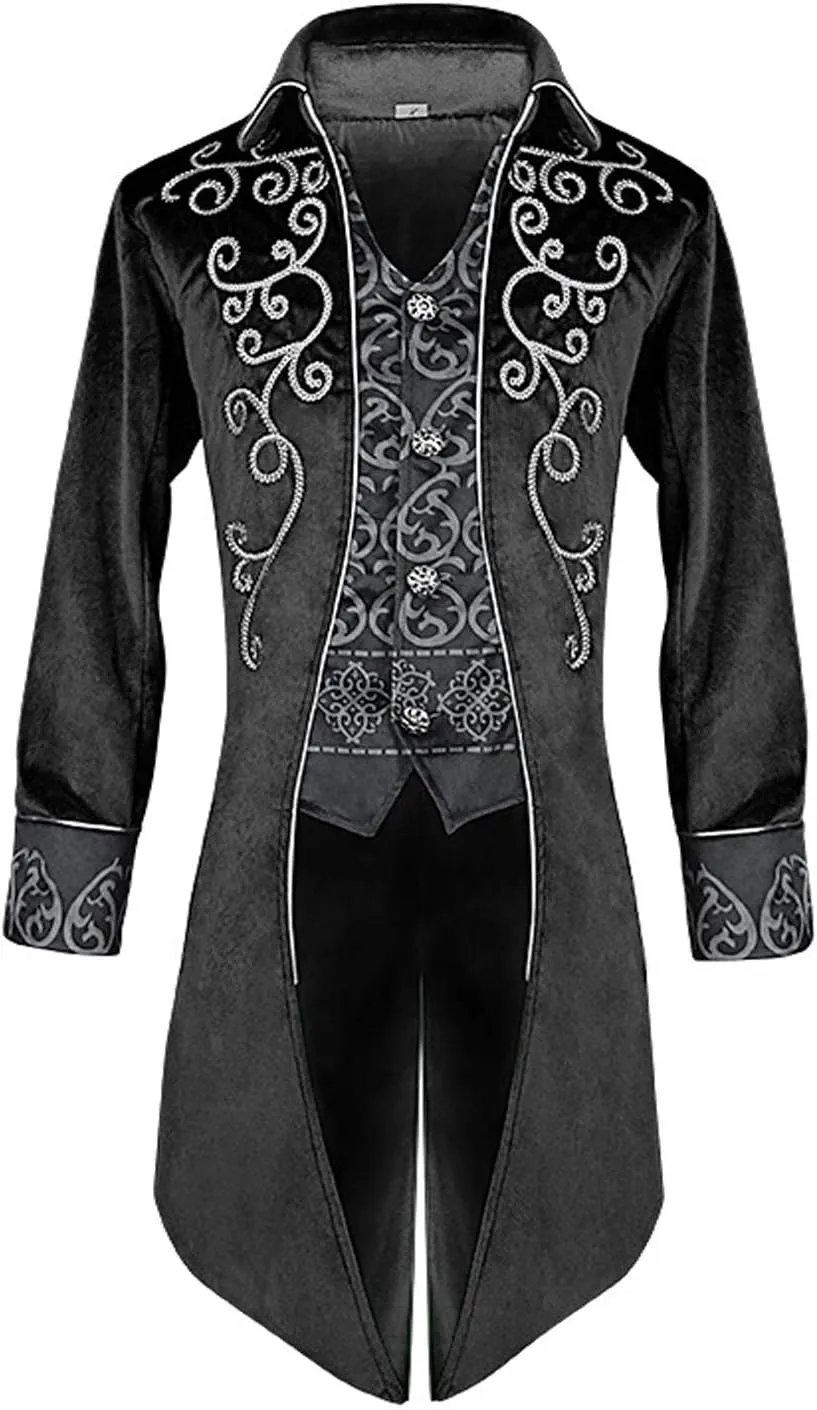Zip Up Costume Hoodie Men Steampunk Jacket Medieval Long Gothic Victorian Frock Tailcoat for Halloween JJK001