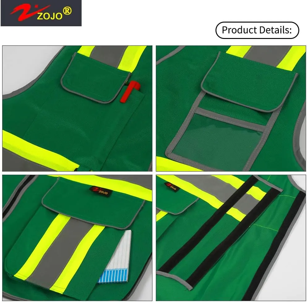 zojo High Visibility Safety Vest, 5PCS,Reflective with Multi-Functional Pockets and Zipper,for Men Women work(Green-Strip)