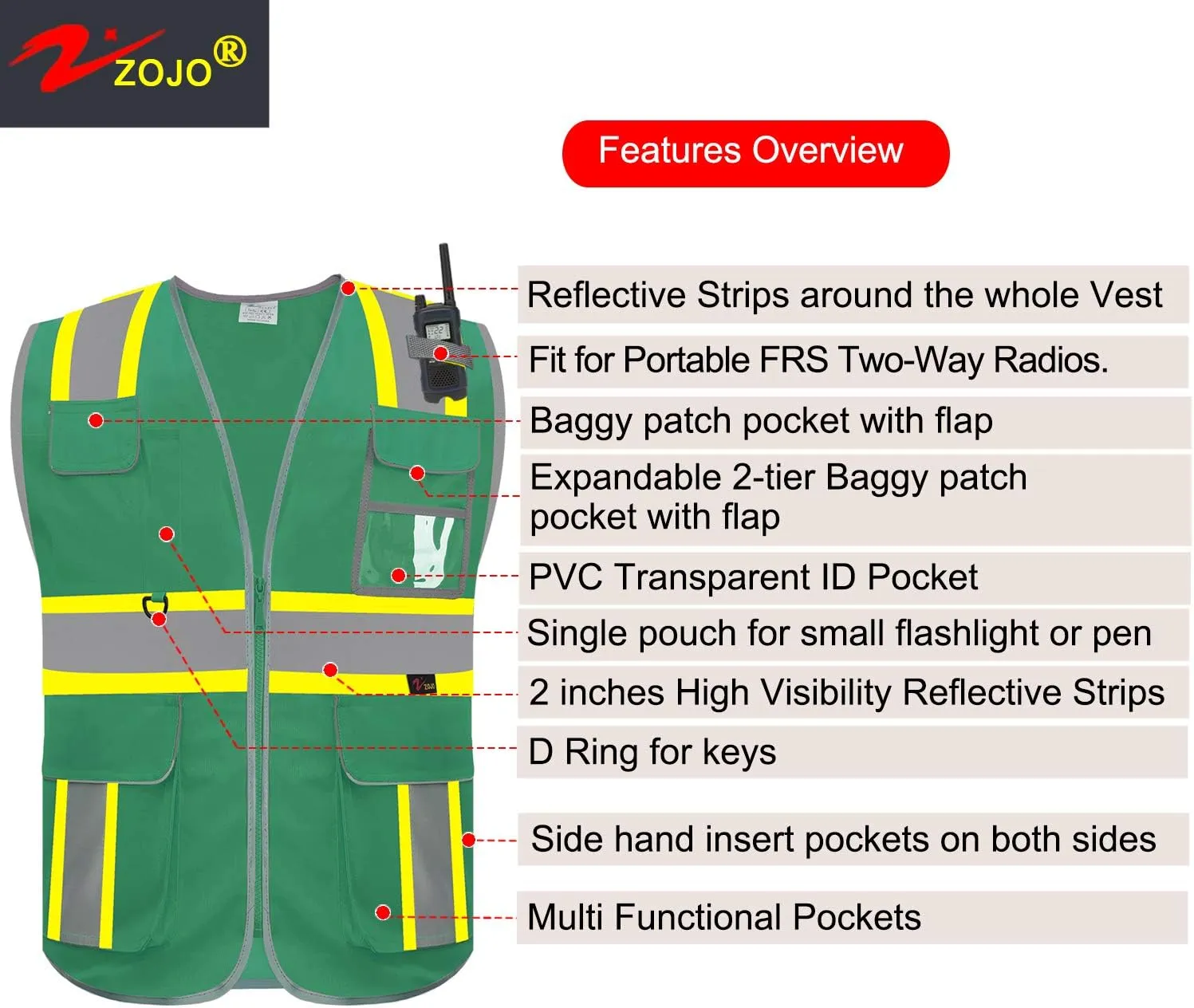zojo High Visibility Safety Vest, 5PCS,Reflective with Multi-Functional Pockets and Zipper,for Men Women work(Green-Strip)