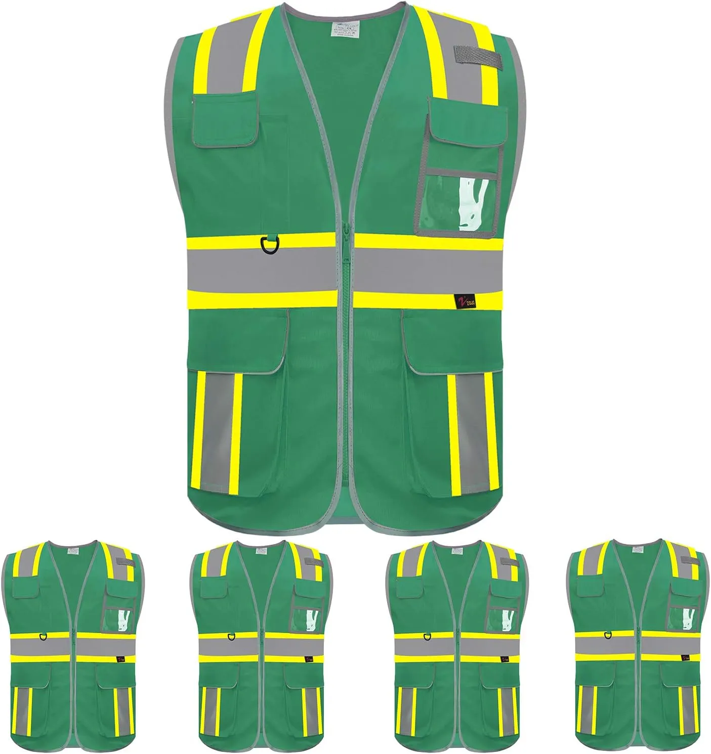 zojo High Visibility Safety Vest, 5PCS,Reflective with Multi-Functional Pockets and Zipper,for Men Women work(Green-Strip)