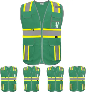 zojo High Visibility Safety Vest, 5PCS,Reflective with Multi-Functional Pockets and Zipper,for Men Women work(Green-Strip)