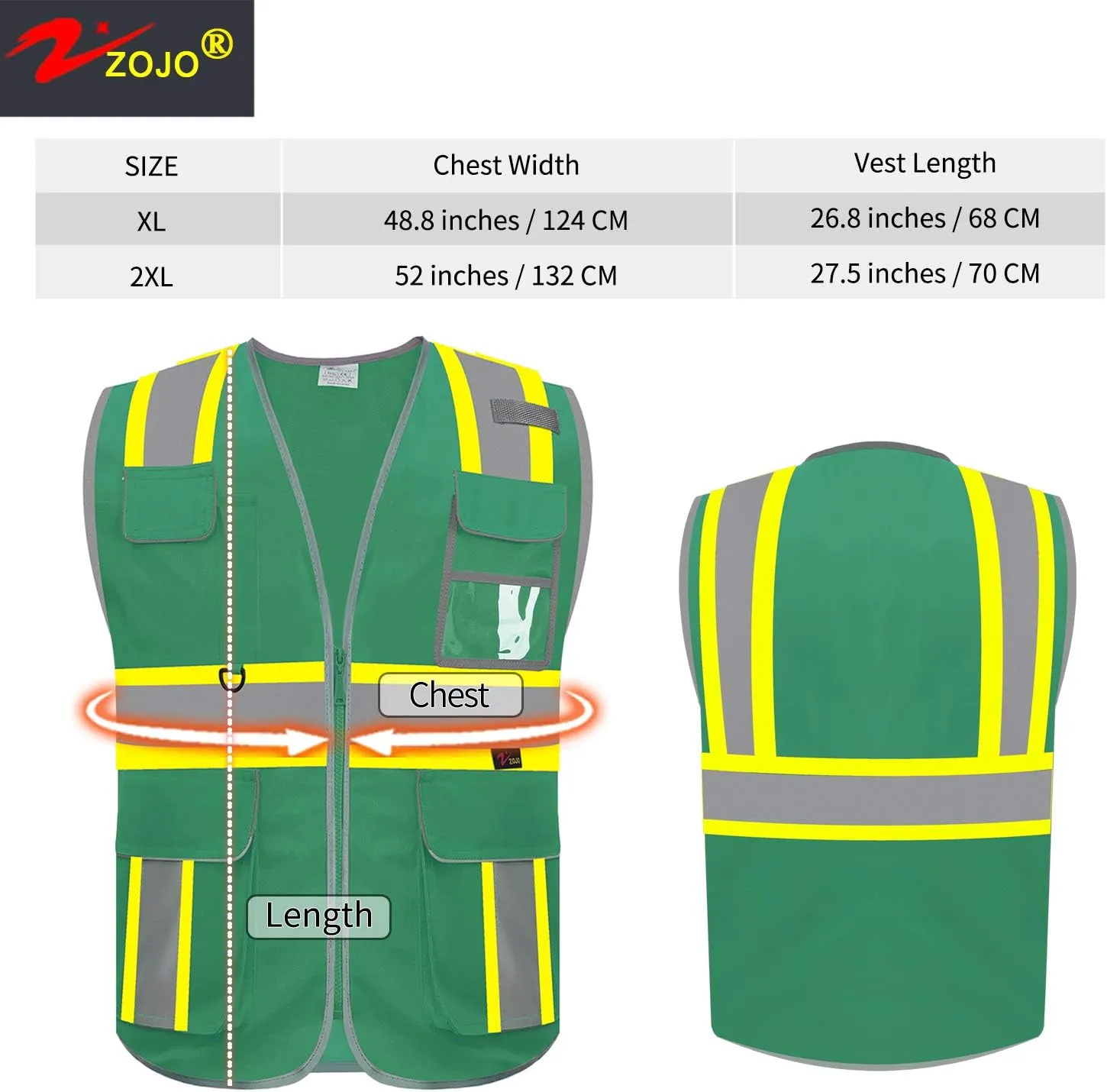 zojo High Visibility Safety Vest, 5PCS,Reflective with Multi-Functional Pockets and Zipper,for Men Women work(Green-Strip)