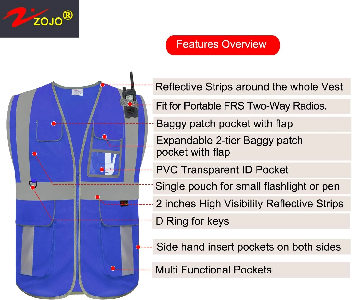 zojo High Visibility Safety Vest, Reflective with Multi-Functional Pockets and Zipper,for Men Women work