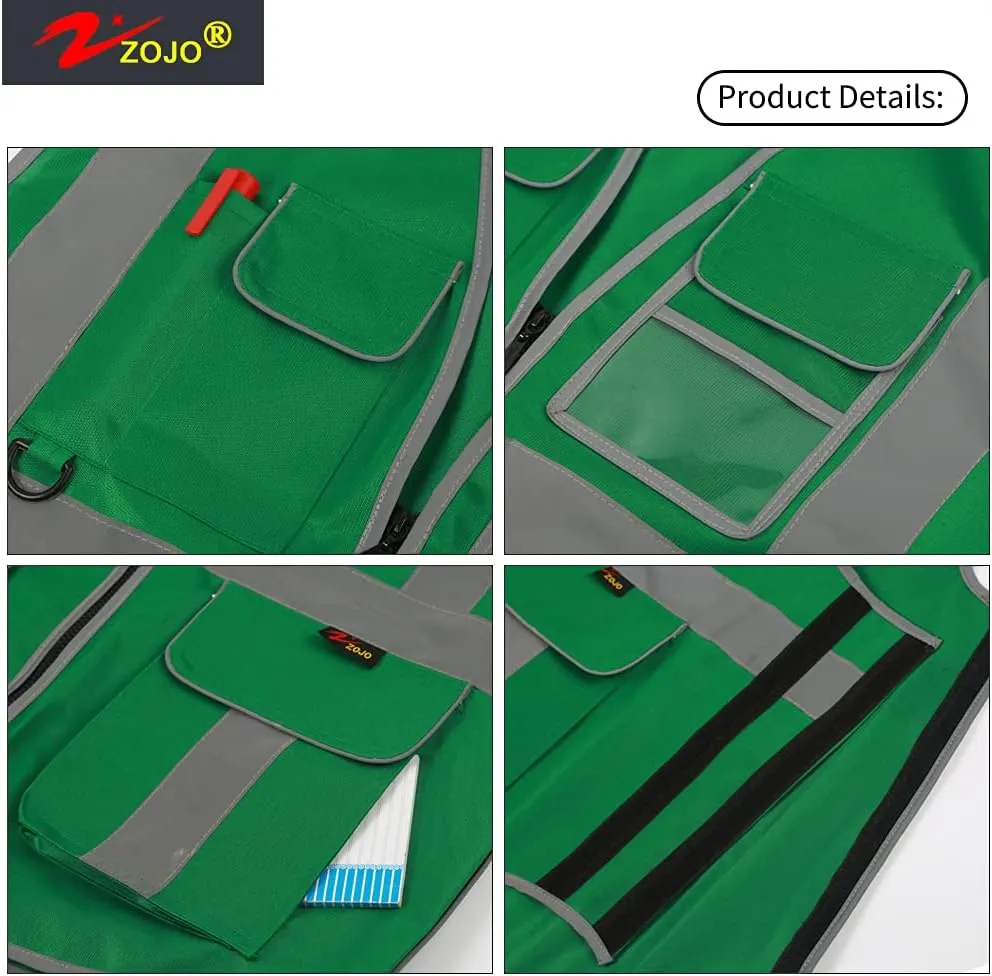zojo High Visibility Safety Vest, Reflective with Multi-Functional Pockets and Zipper,for Men Women work