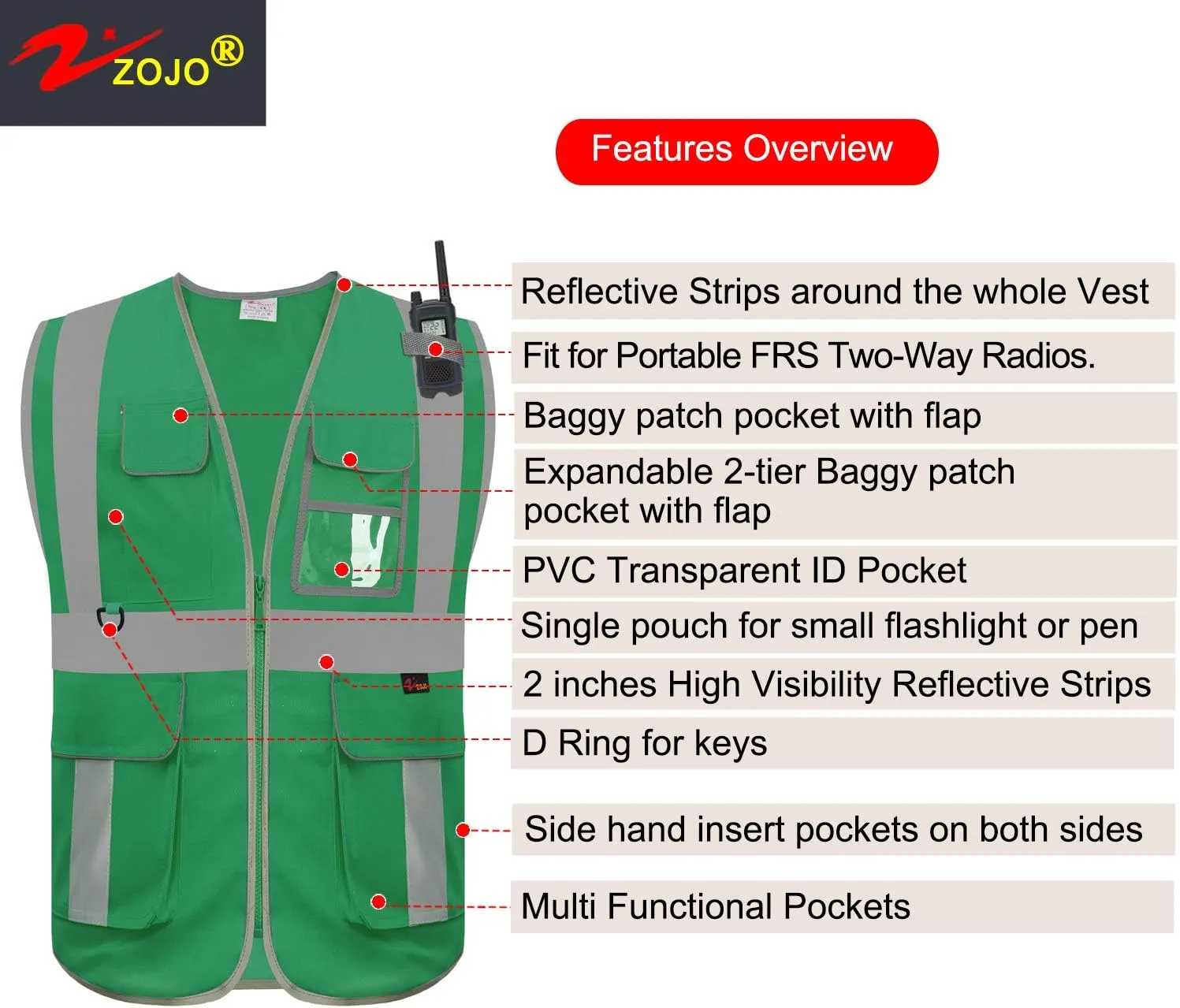 zojo High Visibility Safety Vest, Reflective with Multi-Functional Pockets and Zipper,for Men Women work