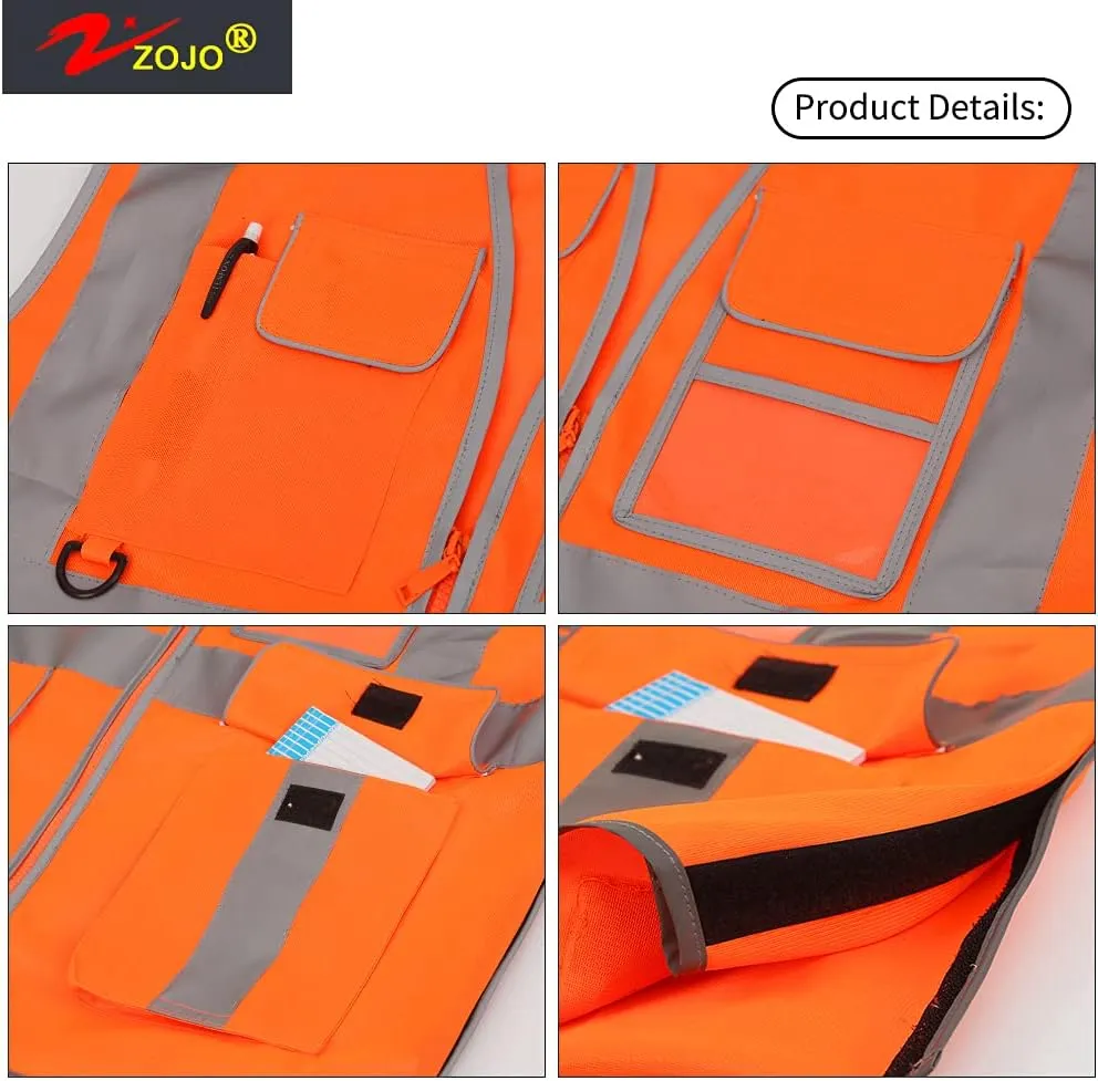 zojo High Visibility Safety Vest, Reflective with Multi-Functional Pockets and Zipper,for Men Women work