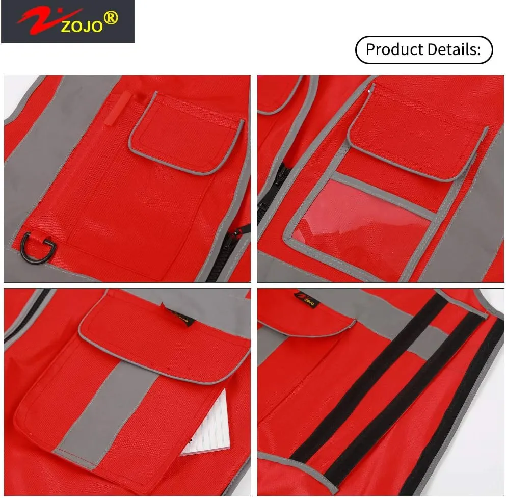 zojo High Visibility Safety Vest, Reflective with Multi-Functional Pockets and Zipper,for Men Women work
