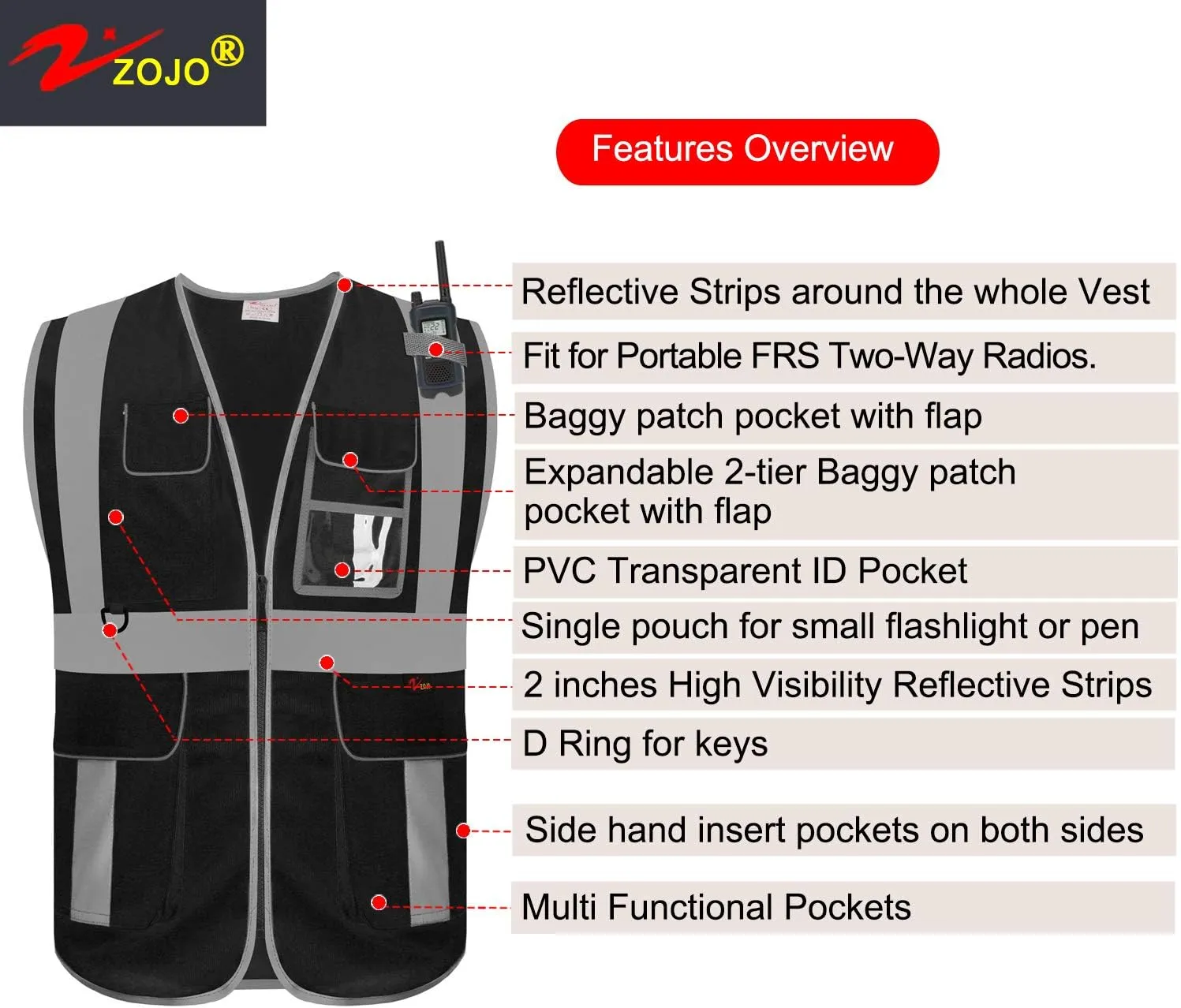zojo High Visibility Safety Vest, Reflective with Multi-Functional Pockets and Zipper,for Men Women work