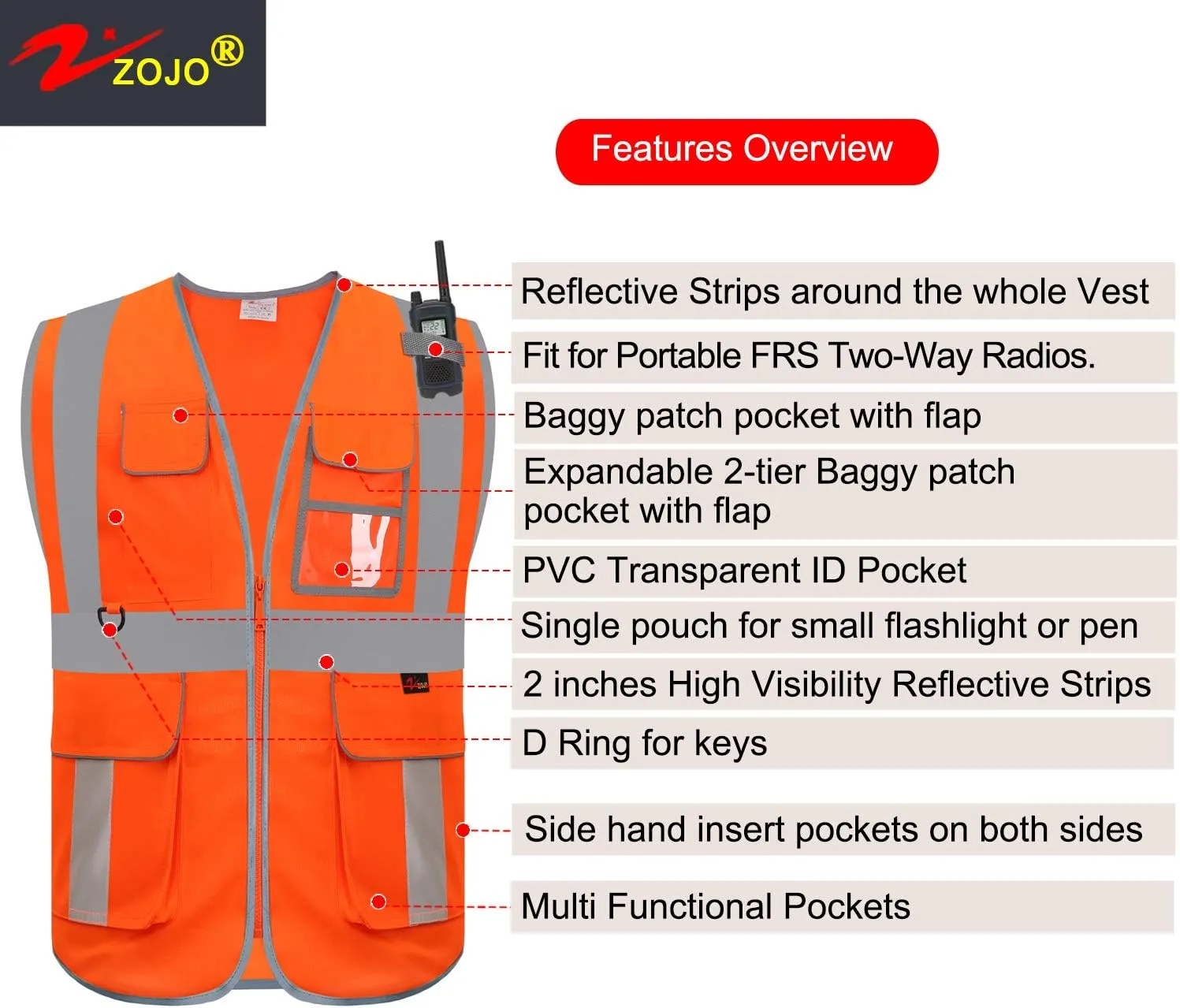 zojo High Visibility Safety Vest, Reflective with Multi-Functional Pockets and Zipper,for Men Women work