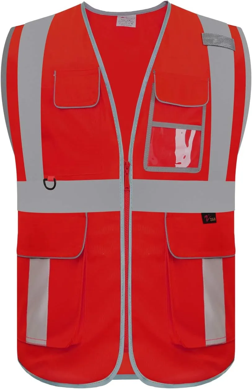 zojo High Visibility Safety Vest, Reflective with Multi-Functional Pockets and Zipper,for Men Women work